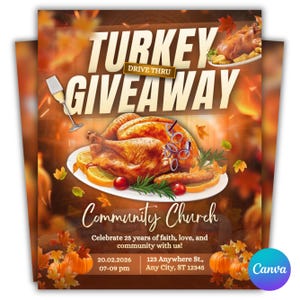 Peut inclure: Un dépliant pour une distribution de dindes avec une dinde rôtie sur un plateau, des tranches d'agrumes et des herbes. Le texte indique Turkey Drive Thru Giveaway, Community Church, Celebrate 25 years of faith, love, and community with us, 20.02.2026, 07-09 pm, 123 Anywhere St., Any City, ST 12345.
