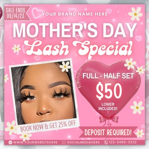 Mother's Day Lash Flyer, Book Now Flyer, Mother's Day Sale Flyer, Social Media Flyer, Lash tech Flyer, Mother's Day Special , Canva Template