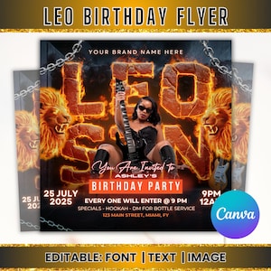 Leo Season Birthday Flyer, Leo Birthday Flyer, Birthday Girl Flyer,Celebration Flyer, Event flyer, Canva Editable Template, Digital Download