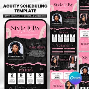 May include: A digital Acuity scheduling template featuring a pink and black color scheme with torn paper textures. The design includes sections for booking policies, hair artist profiles, and service menus with text headers and icons.