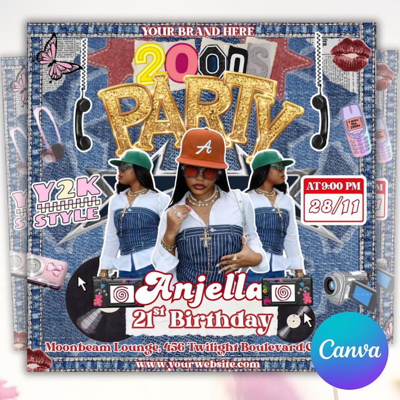 May include: A Y2K-themed party invitation with a denim background. The invitation features the text "2000 Party" in gold, along with the name "Anjella" and "21st Birthday." The date and time are also included. The image has a collage style with various Y2K elements.