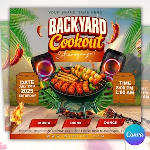 Op de afbeelding: Een promotieflyer voor een barbecue-evenement in de achtertuin. Het ontwerp toont een grill met diverse gegrilde gerechten, luidsprekers en de tekst "Backyard Cookout Extravaganza!" met de datum, tijd en locatiegegevens. De flyer heeft een tropisch thema met palmbladeren en chilipepers.