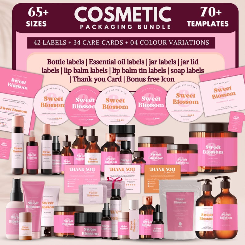May include: A cosmetic packaging bundle featuring 65+ sizes and 70+ templates, including 42 labels and 34 care cards in pink and white. The collection displays various amber and clear bottles, jars, and tubes labeled Sweet Blossom with pink accents.