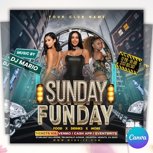 Volantino per festa della domenica, volantino per festa in discoteca, modello per volantino per serata in discoteca domenicale, volantino fai da te per festa di eventi, modello Canva, modificabile
