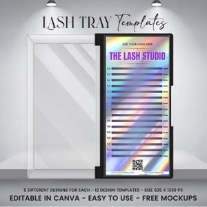 May include: A digital lash tray template featuring a holographic background with purple horizontal lines, small butterfly icons, and the text THE LASH STUDIO. The design includes a QR code, placeholders for a logo and website, and measures 635 x 1330 px.