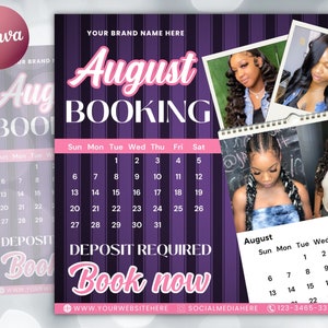 August Bookings Flyer, August Bookings Available, August Appointment Flyer, August Calendar Flyer, Hair, Nails, Makeup, Lashes, Braids, Wig