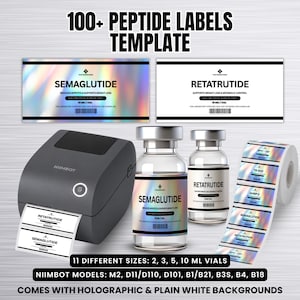 Peut inclure: Un ensemble de modèles numériques pour plus de 100 étiquettes de peptides avec des fonds holographiques et blancs. Comprend une imprimante d'étiquettes Niimbot, deux flacons en verre étiquetés et un rouleau d'étiquettes adhésives.