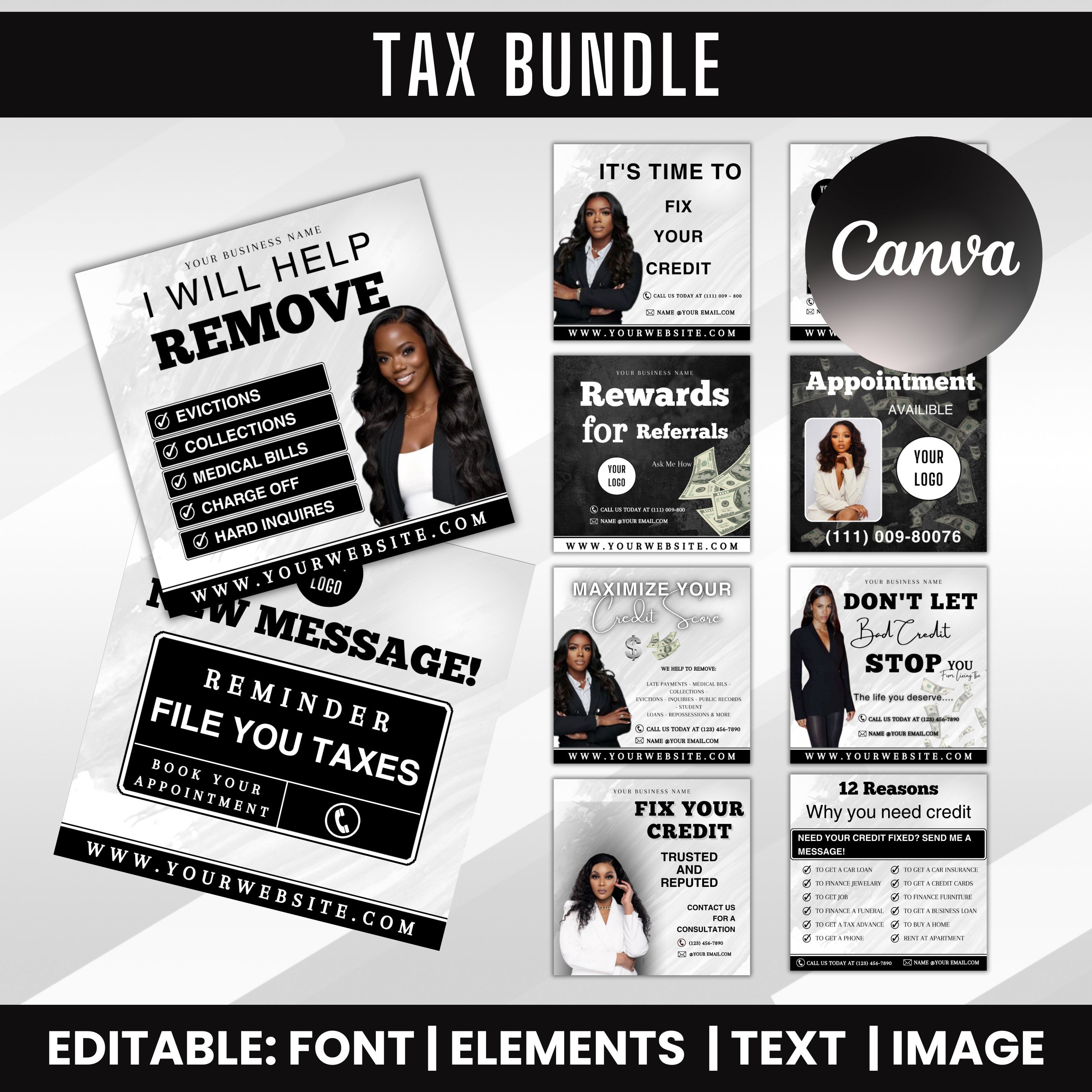 Credit Repair Bundle, Credit Repair Instagram Templates, Credit Repair Flyers, Credit repair posts, Credit Template, Canva Editable Template