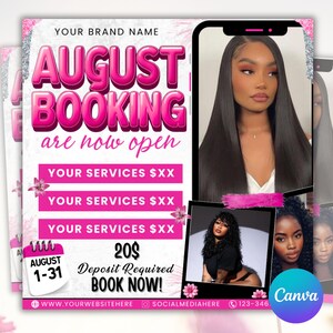August Bookings Flyer, August Bookings Available, August Appointment Flyer, August Calendar Flyer, Hair, Nails, Makeup, Lashes, Braids, Wig