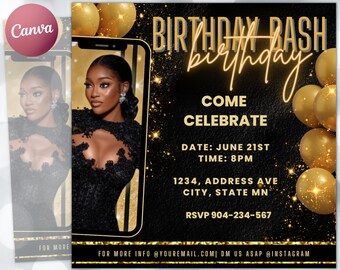 Birthday Flyer, Birthday Girl, Birthday Template, DIY Golden Goddess Bday Social Media Instagram Invitation. Hair Lash Nails  Canva Flyer