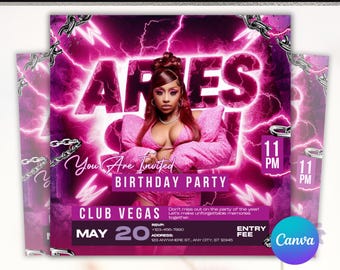 Puede incluir: Un folleto de fiesta de cumpleaños rosa y negro con una mujer con un atuendo rosa y el texto "ARIES BIRTHDAY PARTY" y "CLUB VEGAS".