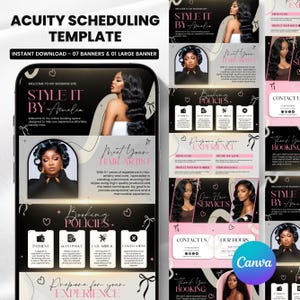 May include: A digital Acuity Scheduling template featuring a black and pink colour scheme with elegant typography. The design includes sections for booking policies, hair artist profiles, service menus, and contact information with bow icons.