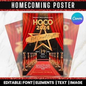 Peut inclure: Une affiche de bal de fin d'année rouge et or avec le texte "HOCO 2024 Red Carpet Night" et une grande étoile dorée. L'affiche comprend également la date "Sept 19, 2024" et l'heure "18h00 à 20h00".