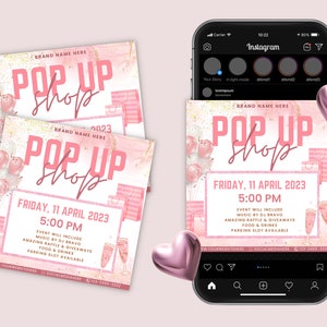 Może przedstawiać: R&oacute;żowo-złote wzornictwo graficzne dla wydarzenia pop-up shop. Projekt zawiera balony, torby na zakupy, kieliszki do szampana i tekst "Pop Up Shop" z datą i godziną wydarzenia.