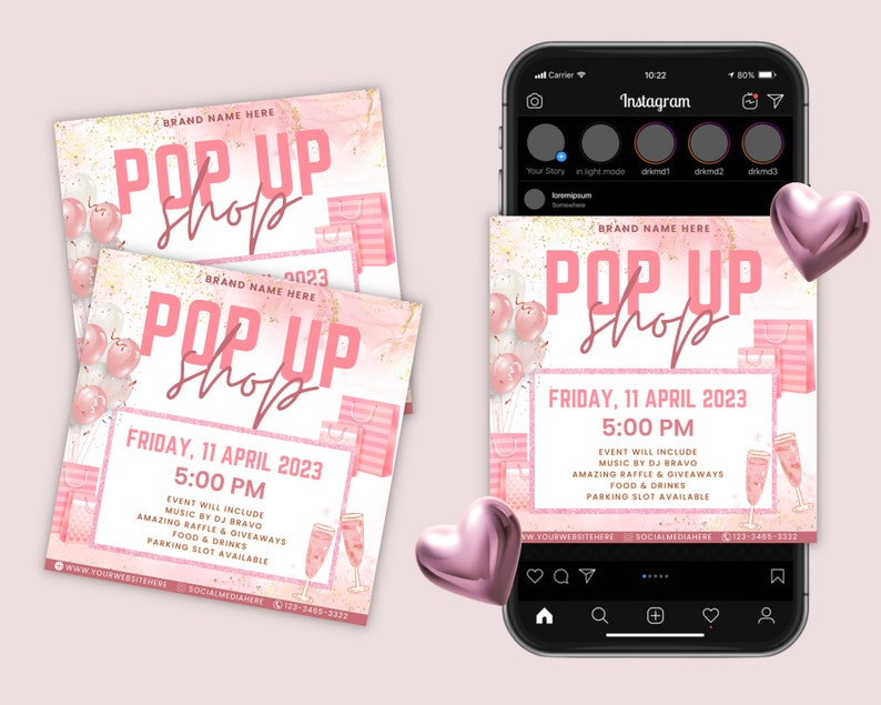 Może przedstawiać: R&oacute;żowo-złote wzornictwo graficzne dla wydarzenia pop-up shop. Projekt zawiera balony, torby na zakupy, kieliszki do szampana i tekst "Pop Up Shop" z datą i godziną wydarzenia.