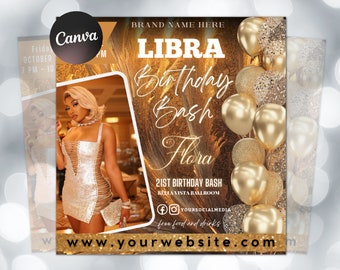 Flyer de aniversário de Libra editável, modelo de aniversário, aniversariante, flyer de aniversário dourado, temporada de Libra, flyer de festa, flyer de celebração