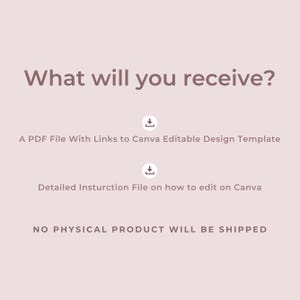 May include: A digital product announcement on a pale pink background. The text reads "What will you receive?" followed by details about a PDF file with Canva links and instructions. The bottom text states "NO PHYSICAL PRODUCT WILL BE SHIPPED."