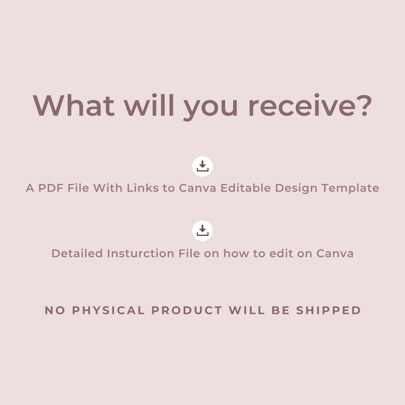 May include: A digital product announcement on a pale pink background. The text reads "What will you receive?" followed by details about a PDF file with Canva links and instructions. The bottom text states "NO PHYSICAL PRODUCT WILL BE SHIPPED."