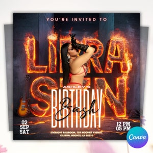 May include: A party invitation with a fiery background and the text "YOU'RE INVITED TO LIRA'S ASHLEY'S BIRTHDAY Bash" with the date "02 SEP SAT" and time "12 PM 05 PM". The location is "STARLIGHT BALLROOM, 789 MOONLIT AVENUE, CELESTIAL HEIGHTS, CA 90210".