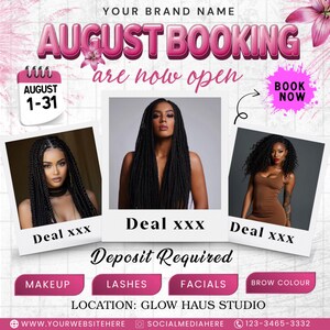 August Bookings Flyer, August Bookings Available, August Appointment Flyer, August Calendar Flyer, Hair, Nails, Makeup, Lashes, Braids, Wig