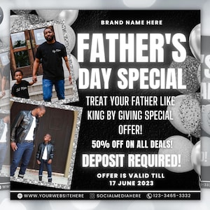Pode incluir: Anúncio especial do Dia dos Pais em preto e branco com fundo de glitter prateado. O anúncio apresenta duas fotos de pais e filhos, balões e o texto "Dia dos Pais Especial", "Trate seu pai como um rei dando a ele uma oferta especial!", "50% de desconto em todas as ofertas!", "Depósito necessário!", "Oferta válida até 17 de junho de 2023", "www.yourwebsitehere", "socialmediahere", "123-3465-3332".