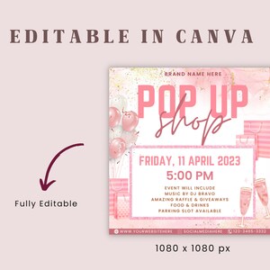 Może przedstawiać: R&oacute;żowo-złoty grafik na wydarzenie pop-up shop. Grafika przedstawia balony, torby na zakupy i kieliszki do szampana. Tekst brzmi: "Pop Up Shop", "Piątek, 11 kwietnia 2023", "17:00", "Wydarzenie obejmuje muzykę DJ-a Bravo, niesamowitą loterię i prezenty, jedzenie i napoje, miejsce parkingowe dostępne", "www.yourwebsitehere", "socialmediahere", "123-3465-3332", oraz "1080 x 1080 px".