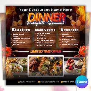 Folleto de oferta de cena, folleto de oferta especial del domingo, folleto comercial del menú de comida del restaurante, plantilla de folleto editable de Canva, folleto especial de cena