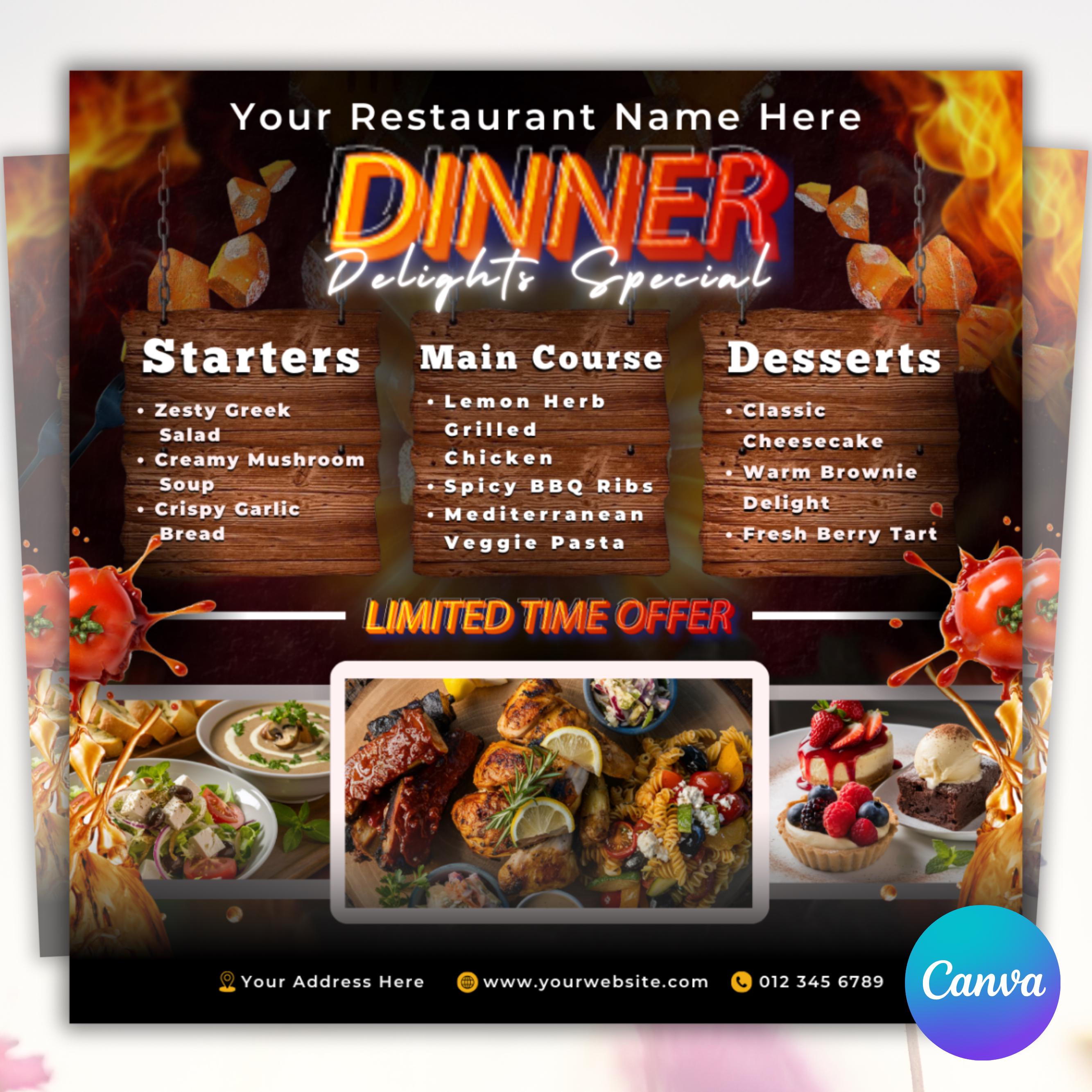 Dinner Sale Flyer, Sunday deal Special Flyer Restaurant Food menu business flyer, Editable Flyer Canva Template, Dinner special Flyer