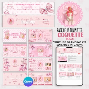Bow Coquette Youtube Branding Kit, Editable Youtube Banners, Intros & Outros and Logo, YouTube Channel Kit - Minimal, Canva Templates