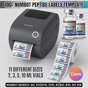 Könnte beinhalten: Ein grauer NIIMBOT-Etikettendrucker mit einer Rolle Etiketten und zwei Fläschchen. Die Etiketten haben holografische Designs und Text, darunter "RETATRUTIDE" und "SEMAGLUTIDE". Das Bild enthält auch den Text "100+ NIIMBOT PEPTIDE LABELS TEMPLATE".