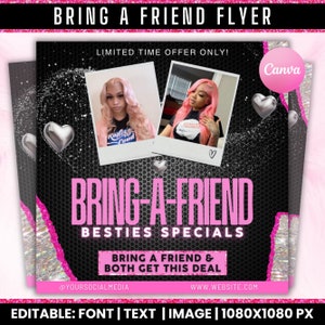 Bring A Friend Booking Flyer, Bring A Friend Special, Bring A Friend Deal, Bestie Deal Flyer, Hair Braids Lashes Wigs Nails Makeup Promotion
