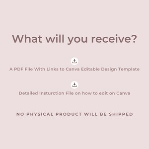 May include: Text on a pink background that reads "What will you receive?" with two download icons and the text "A PDF File With Links to Canva Editable Design Template" and "Detailed Instruction File on how to edit on Canva". The text "NO PHYSICAL PRODUCT WILL BE SHIPPED" is at the bottom of the image.