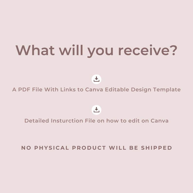 May include: Text on a pink background that reads "What will you receive?" with two download icons and the text "A PDF File With Links to Canva Editable Design Template" and "Detailed Instruction File on how to edit on Canva". The text "NO PHYSICAL PRODUCT WILL BE SHIPPED" is at the bottom of the image.