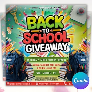 May include: A promotional flyer with the text "Back to School Giveaway" in large, colorful letters. The flyer includes images of school supplies, backpacks, and the event details: Sunday, August 4th, 2025, 2:00 PM - 6:00 PM.