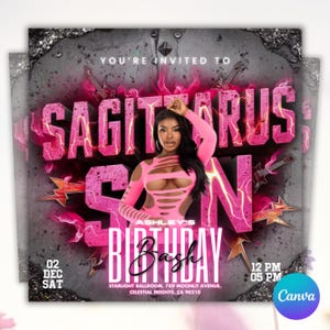 Sagittarius Birthday Flyer, Birthday Girl, Happy Birthday Flyer, Sagittarius Season, Sagittarius Party, Celebration Flyer, Canva Editable