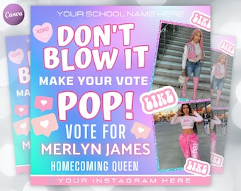 Volante de bienvenida para votar/Campaña de votación DIY, Elección, Reina de la escuela secundaria, Belleza, Redes sociales, Instagram, Snapchat, Plantilla editable de Canva