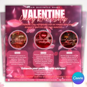 Room Setup Valentines Booking Flyer, Valentine Room Setup Flyer, Valentines Day Flyer,Room Decoration Flyer, Hotel Book Flyer,Canva Template