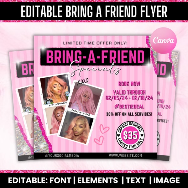 Bring A Friend Booking Flyer, Bring A Friend Special, Bring A Friend Deal, Bestie Deal Flyer, Hair Braids Lashes Wigs Nails Makeup Promotion