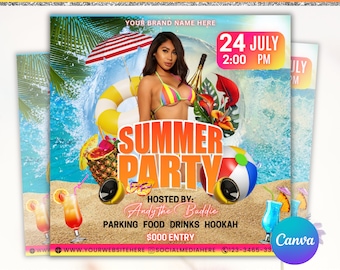May include: A colorful flyer for a summer pool party with a woman in a bikini, a beach scene, and the text "Summer Party" in large, bold letters. The flyer also includes the date and time of the party, the name of the host, and information about parking, food, drinks, and hookah. The flyer is editable, allowing users to customize the font, text, and image.