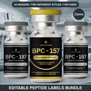 Puede incluir: Tres viales de vidrio con etiquetas negras y doradas. Las etiquetas dicen "BPC-157 Tissue Repair, Recovery" e "Injectable Peptide 99 Percent Purity". También es visible el texto "For Laboratory Purposes Only Not Intended For Human Use". La imagen también contiene el texto "Editable Peptide Labels Bundle."