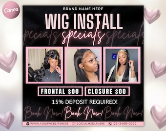 Wig Install Specials Flyer | DIY Hair Salon Appointment Book Now Sale Bundles Wigs Booking Salon Price List Editable Canva Flyer Template