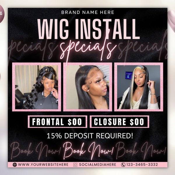 Wig Install Specials Flyer | DIY Hair Salon Appointment Book Now Sale Bundles Wigs Booking Salon Price List Editable Canva Flyer Template