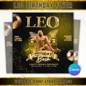 Leo Birthday Flyer, Leo Party Invite, Birthday Girl invitation, Celebration Flyer, Event flyer, Canva Editable Template, Digital Download