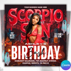 Scorpio Birthday Flyer, Birthday Girl, Happy Birthday Flyer, Scorpio Season, Scorpio Party Flyer, Celebration Flyer, Editable Canva Template