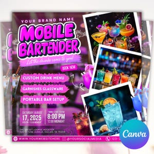 Volantino per barman mobile, fai da te, barman, servizi di bevande, pianificazione di eventi per feste, noleggio, social media, Instagram, modello modificabile Canva
