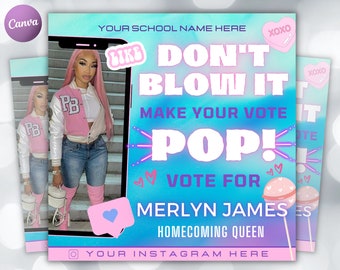 Homecoming-flyer Pop The Vote| Doe-het-zelf-stemcampagne verkiezing middelbare school koningin schoonheid sociale media Instagram Snapchat bewerkbare canva-sjabloon