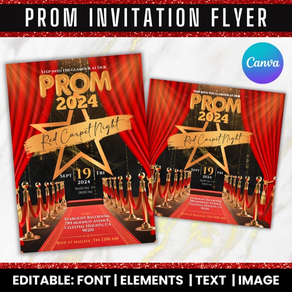 Prom Red Carpet Theme Flyer Prom Night Dance Flyer Under Red Carpet Prom Red Carpet School Dance Invitation Printable Canva Instant Download