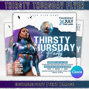 Flyer för Thirsty Thursday-festen, redigerbar flyger för torsdagsfesten, flyger för torsdagsnattklubb, flyger för sociala medier, Canva-mall, direktnedladdning