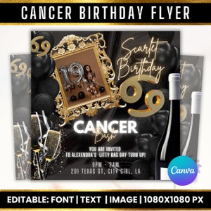 Cancer Birthday Flyer, Birthday Template, Birthday Girl, Party Flyer, Celebration Flyer, Birthday Event, Birthday Invite, Canva Template