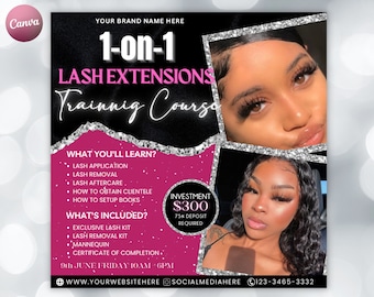 1 on 1 Lash Class Flyer, DIY Lash Training Masterclass Course Template, Lashes Tech MUA Nail Hair Extensions Makeup Editable Canva Template